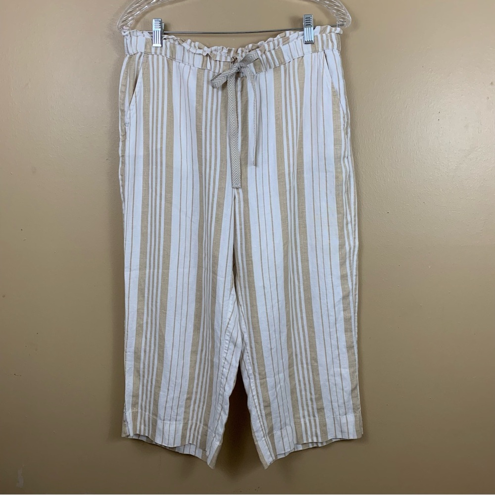 Chicos 100% Linen Pants Womens 0.5 Size 6 Sandy White Pull On Cropped Wide Leg